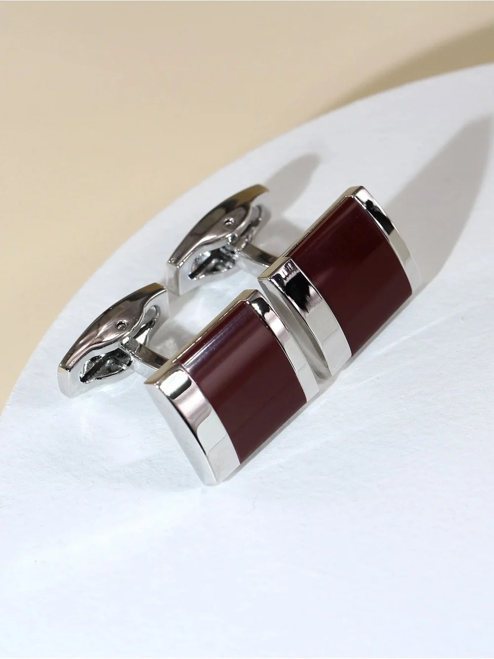 Classic Silver Cufflinks with Deep Brown Inlay
